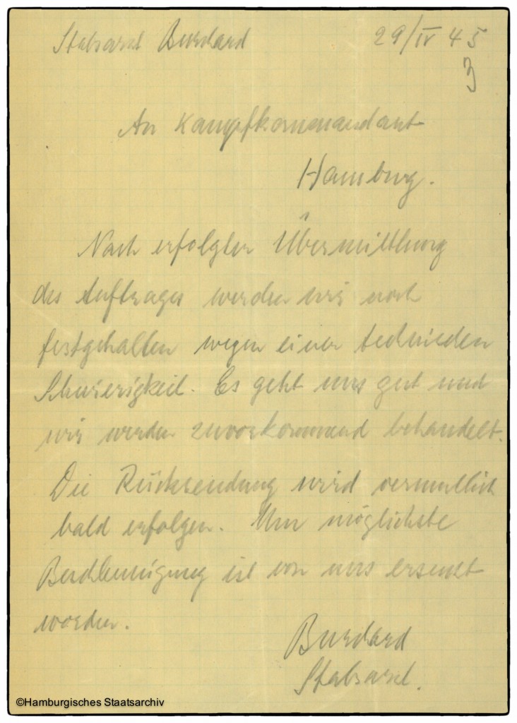 Schreiben von Stabsarzt Burchard an Kampfkommandant Wolz