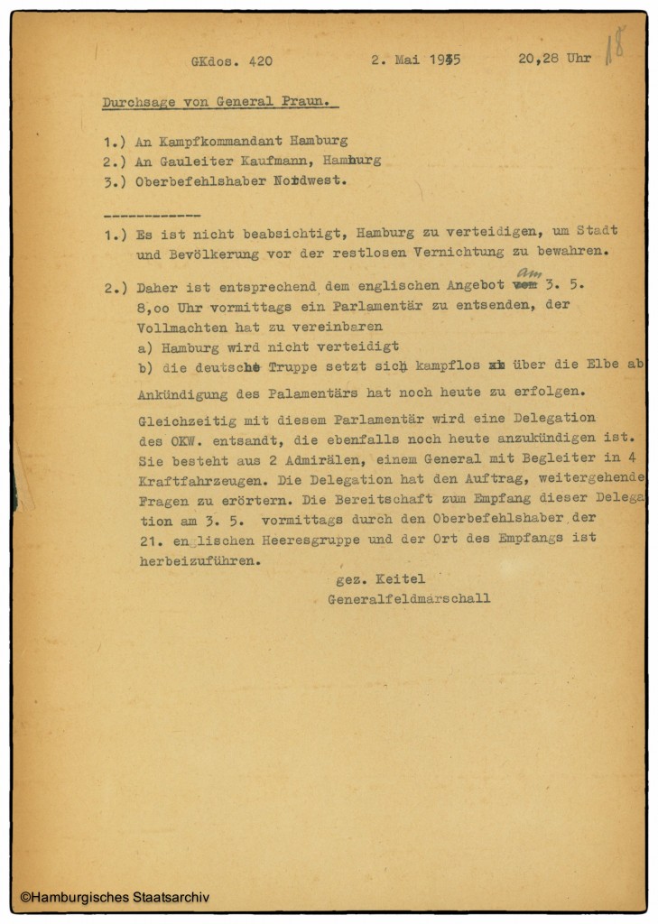 Befehl von Generalfeldmarschall Wilhelm Keitel, Hamburg nicht zu verteidigen