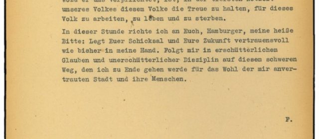 Rundfunkansprache von Gauleiter Karl Kaufmann vom 1. Mai 1945